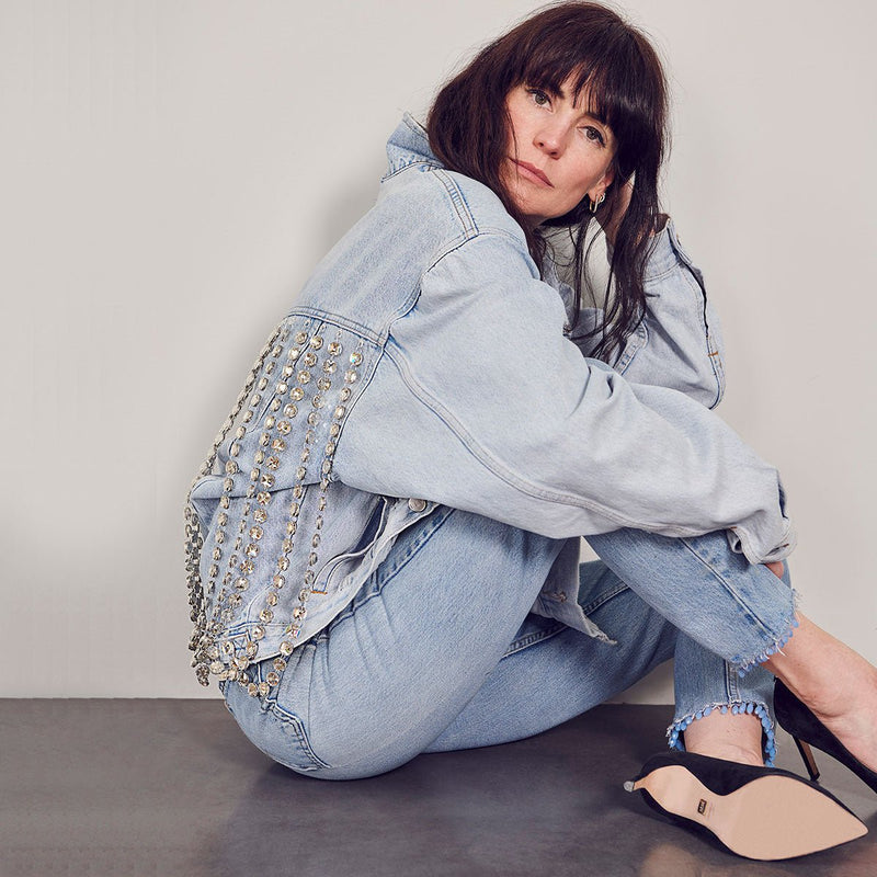 Upcycled Swarovski Crystal Hem Jean in Light Blue Match - E.L.V. Denim